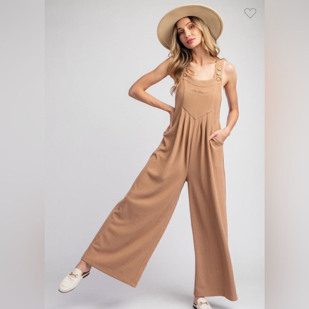 084. SLEEVELESS OVERALL WIDE LEG JUMPSUIT- CARMEL